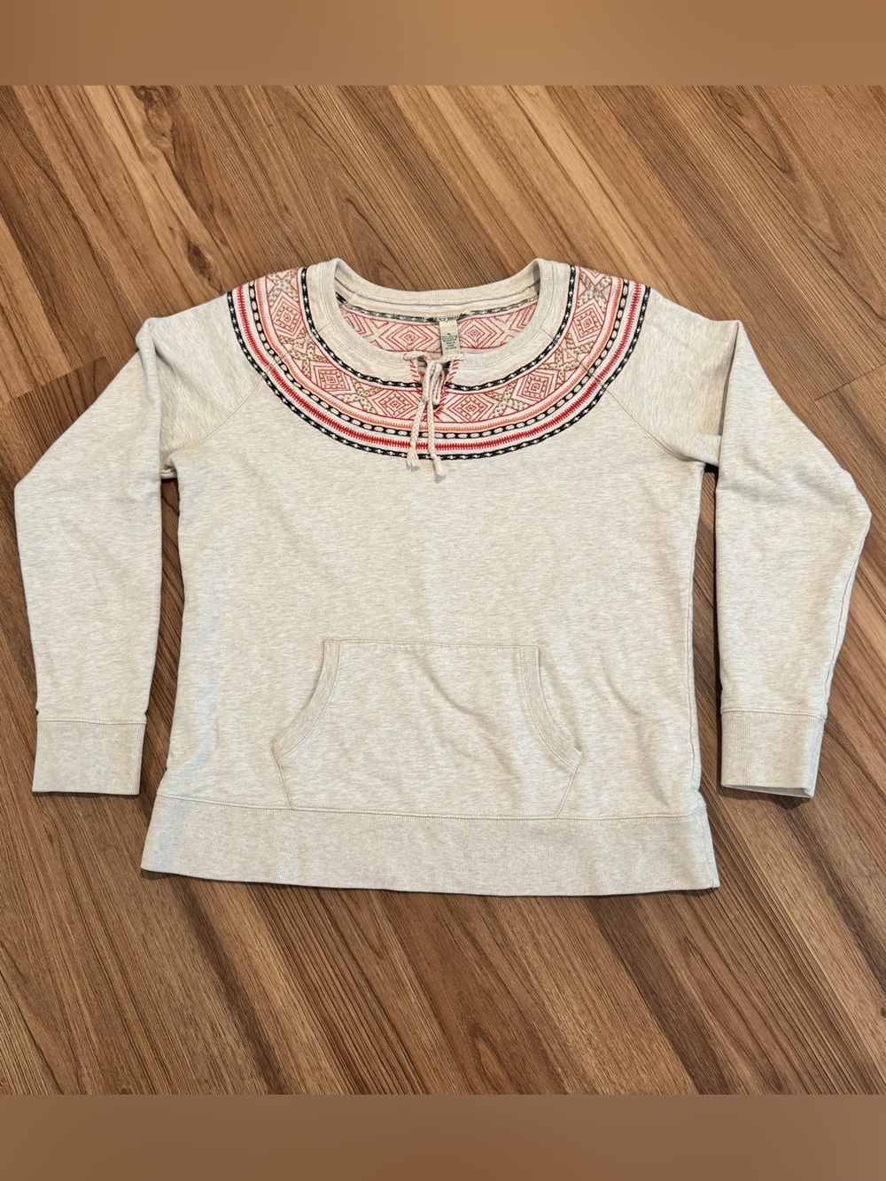 Lucky Brand Cream Sweatshirt Boho Southwest Tribal Aztec Folk Art Inspired Yoke - Picture 2 of 12